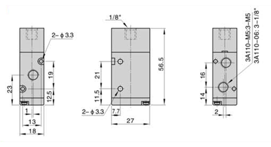 Dimensions AirTAC - วาล์วควบคุมทิศทางการไหลด้วยแรงลม ชนิด 3/2 ทาง รุ่น 3A series