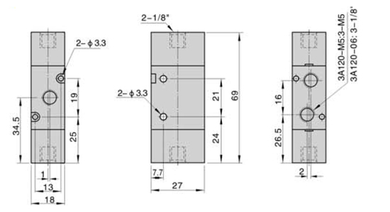 Dimensions AirTAC - วาล์วควบคุมทิศทางการไหลด้วยแรงลม ชนิด 3/2 ทาง รุ่น 3A series