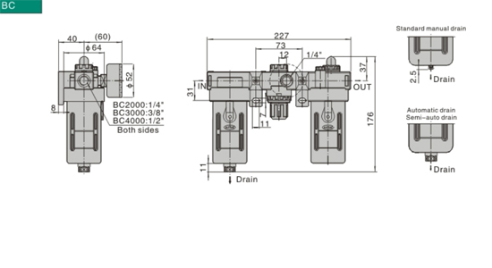 Dimensions AirTAC - FRL ชุดกรองลมดักน้ำ รุ่น AC, BC Series