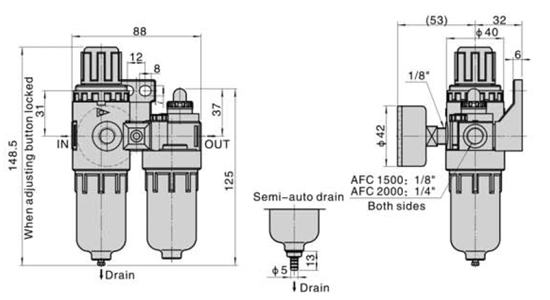 Dimensions AirTAC - FR.L ชุดกรองลมดักน้ำ รุ่น AFC, BFC Series