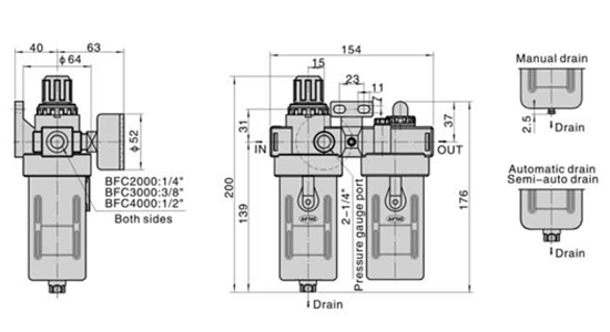 Dimensions AirTAC - FR.L ชุดกรองลมดักน้ำ รุ่น AFC, BFC Series