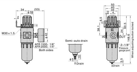 Dimensions AirTAC - FR ตัวกรองลมดักน้ำ และตัวปรับแรงดันลม รุ่น AFR, BFR Series