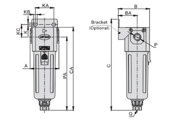 Dimensions AIRTAC - F ตัวกรองลมดักน้ำ รุ่น GAF series